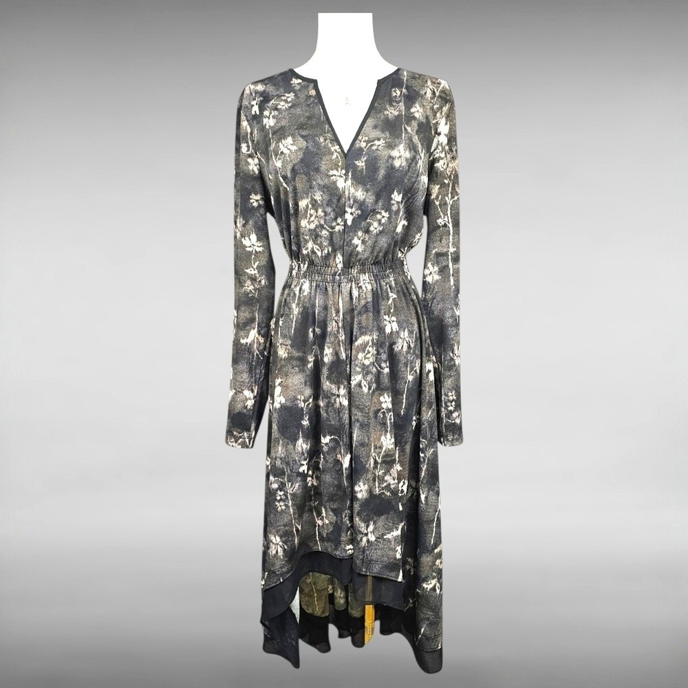 Dark Boho Romantic Floral Tie Dye V Neck Asymmetrical Midi Dress Gray Womens M